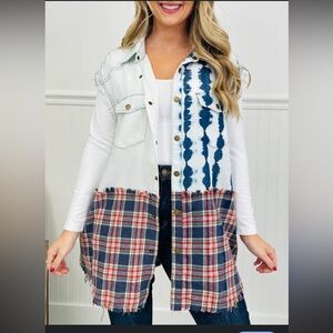 Oli & Hali Plaid Distressed Button-Down Multicolor Denim Bohemian style Shirt S